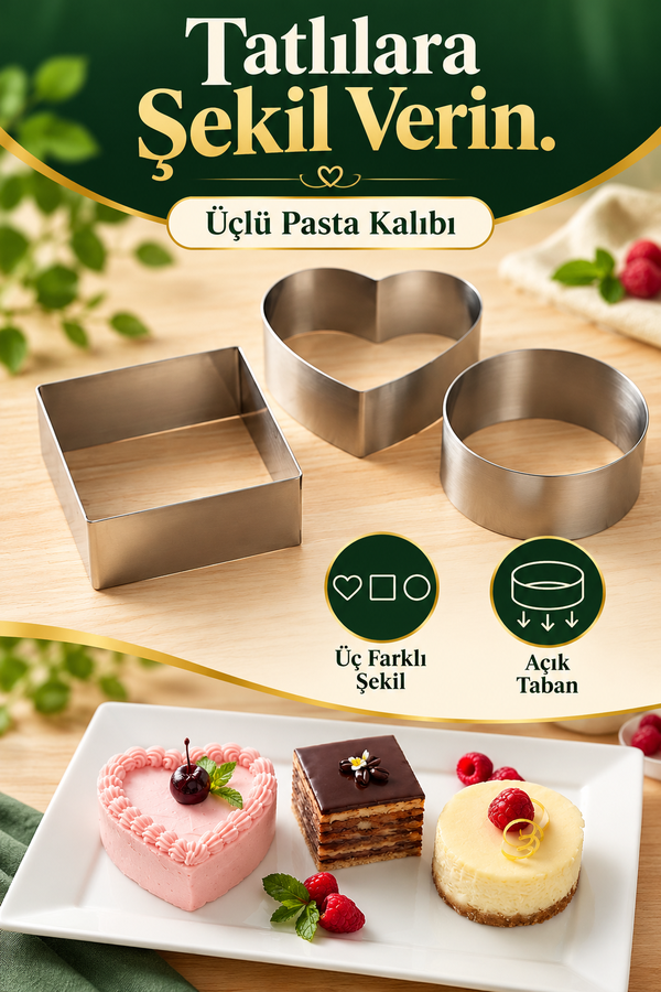 Mucit Home Kalpli Pasta Kalıbı 3 lü Kare Yuvarlak Kalp Model Kek Kalıbı Sevgili Eş Kek Kalıbı