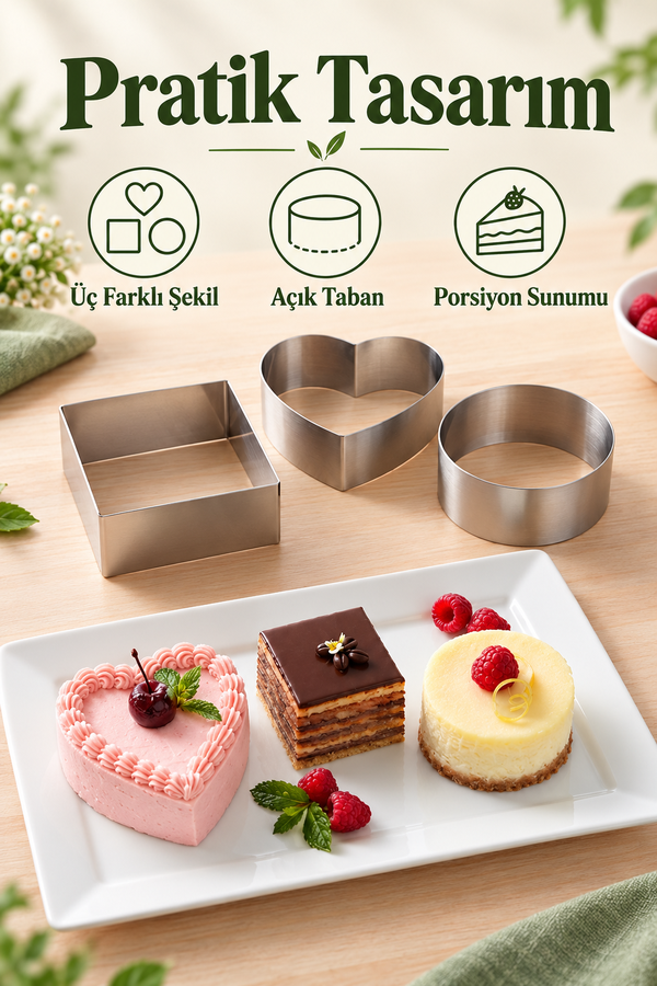 Mucit Home Kalpli Pasta Kalıbı 3 lü Kare Yuvarlak Kalp Model Kek Kalıbı Sevgili Eş Kek Kalıbı