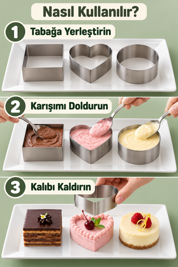 Mucit Home Kalpli Pasta Kalıbı 3 lü Kare Yuvarlak Kalp Model Kek Kalıbı Sevgili Eş Kek Kalıbı