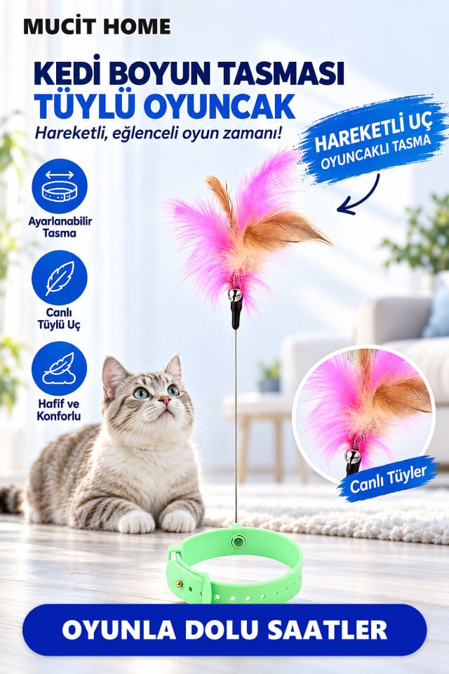 Mucit Home Kedi Boyun Oltası Hareketli Tüylü Ayarlanabilir Kedi Oyuncağı Eğlenceli Tasma