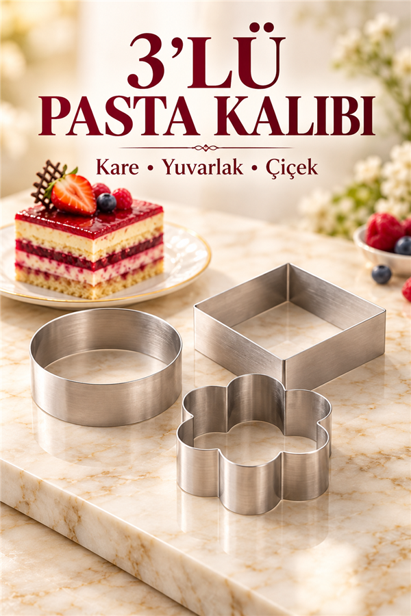Mucit Home Manolya Çiçeği Pasta Kalıbı 3 lü Kare Yuvarlak Çiçek Model Kek Kalıbı