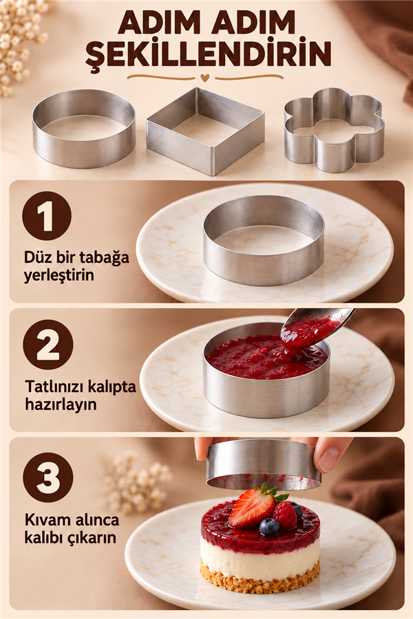 Mucit Home Manolya Çiçeği Pasta Kalıbı 3 lü Kare Yuvarlak Çiçek Model Kek Kalıbı
