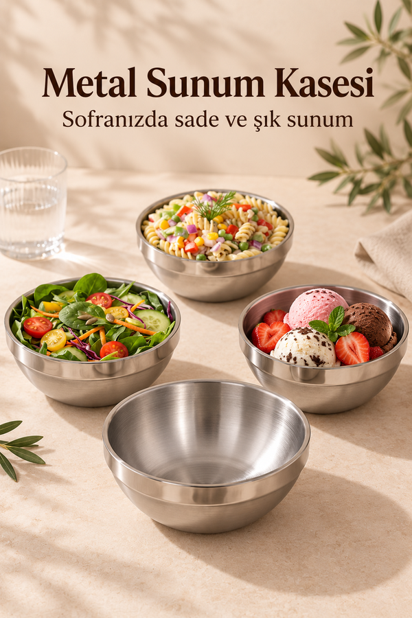 Mucit Home 4 Adet Çift Cidarlı Paslanmaz Çelik Dondurmalık Çelik Kase Soğuk Sıcak Tutan Meze Kasesi 11 cm