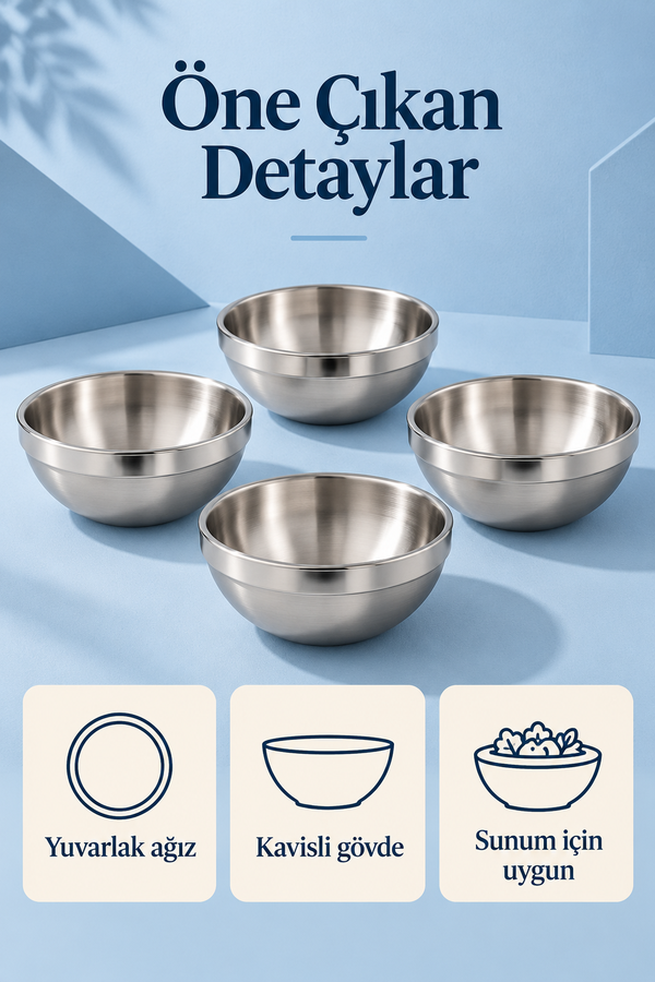 Mucit Home 4 Adet Çift Cidarlı Paslanmaz Çelik Dondurmalık Çelik Kase Soğuk Sıcak Tutan Meze Kasesi 11 cm