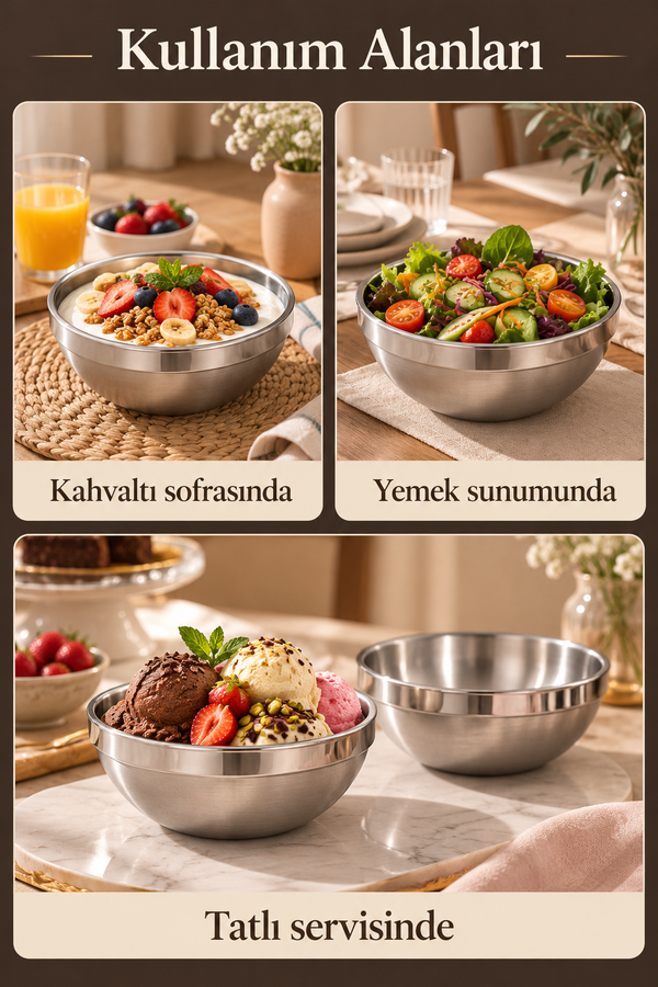 Mucit Home 4 Adet Çift Cidarlı Paslanmaz Çelik Dondurmalık Çelik Kase Soğuk Sıcak Tutan Meze Kasesi 11 cm