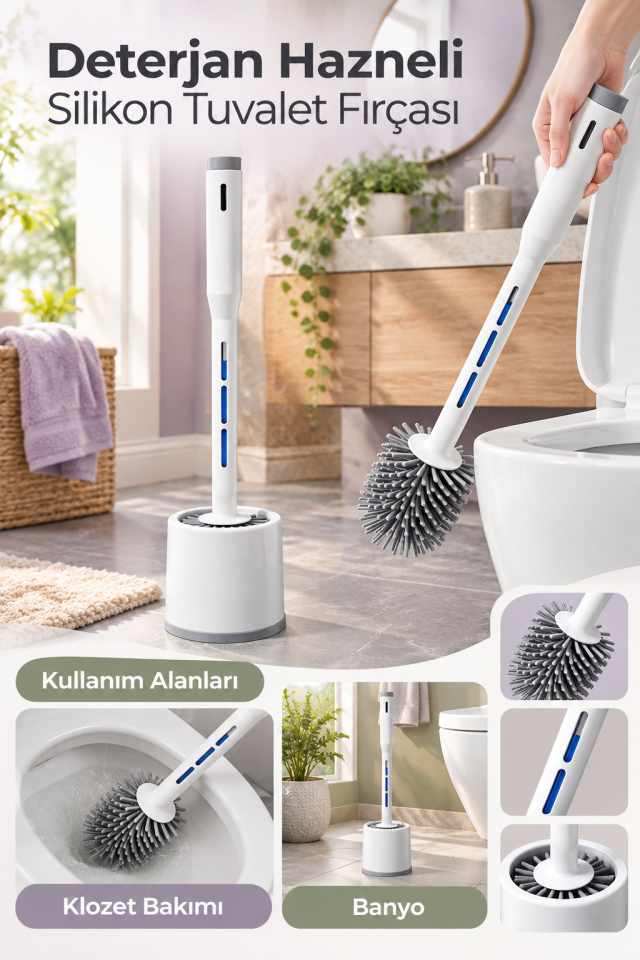 Mucit Home Deterjan Hazneli Silikon Uçlu Tuvalet Fırçası Klozet Temizleme Fırçası