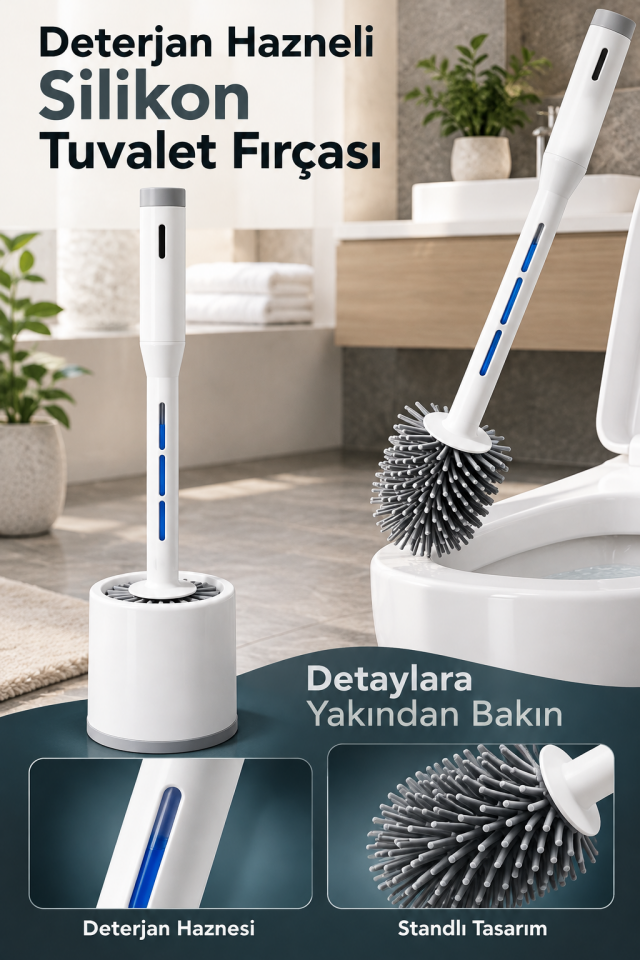 Mucit Home Deterjan Hazneli Silikon Uçlu Tuvalet Fırçası Klozet Temizleme Fırçası