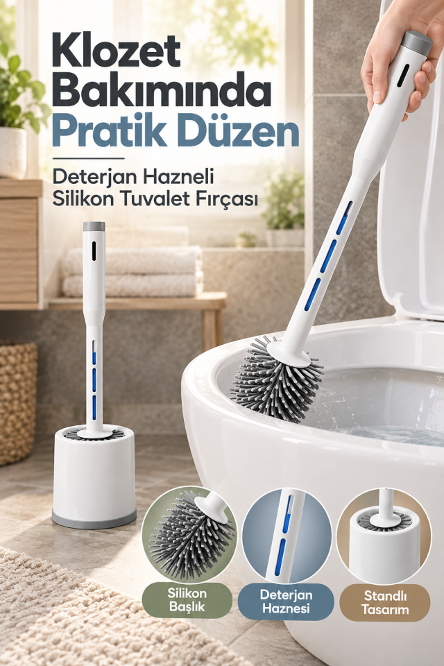 Mucit Home Deterjan Hazneli Silikon Uçlu Tuvalet Fırçası Klozet Temizleme Fırçası