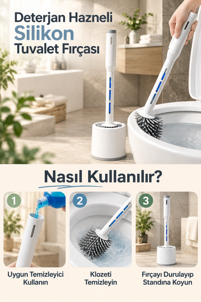 Mucit Home Deterjan Hazneli Silikon Uçlu Tuvalet Fırçası Klozet Temizleme Fırçası