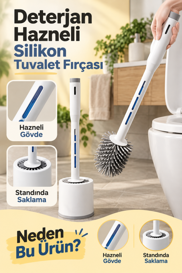 Mucit Home Deterjan Hazneli Silikon Uçlu Tuvalet Fırçası Klozet Temizleme Fırçası