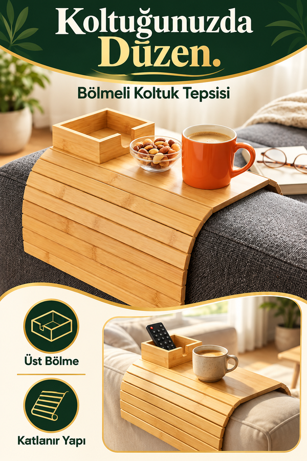 Mucit Home Bambu Koltuk Kenarı Tepsisi ve Organizer Katlanabilir Bölmeli Ahşap Kanepe Yanı Sehpa, Bardaklık ve Kumandalık