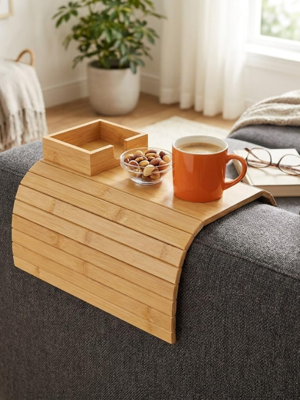 Mucit Home Bambu Koltuk Kenarı Tepsisi ve Organizer Katlanabilir Bölmeli Ahşap Kanepe Yanı Sehpa, Bardaklık ve Kumandalık