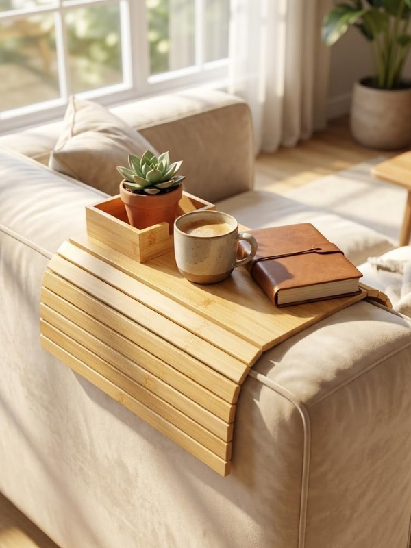 Mucit Home Bambu Koltuk Kenarı Tepsisi ve Organizer Katlanabilir Bölmeli Ahşap Kanepe Yanı Sehpa, Bardaklık ve Kumandalık