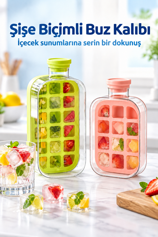 Mucit Home 1000 ML Buz Kalıbı Pipetli Matara Soğuk İçecek Şişesi Buzluklu Suluk