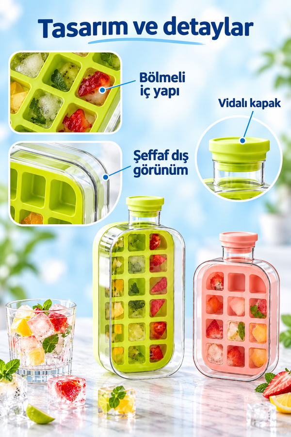 Mucit Home 1000 ML Buz Kalıbı Pipetli Matara Soğuk İçecek Şişesi Buzluklu Suluk