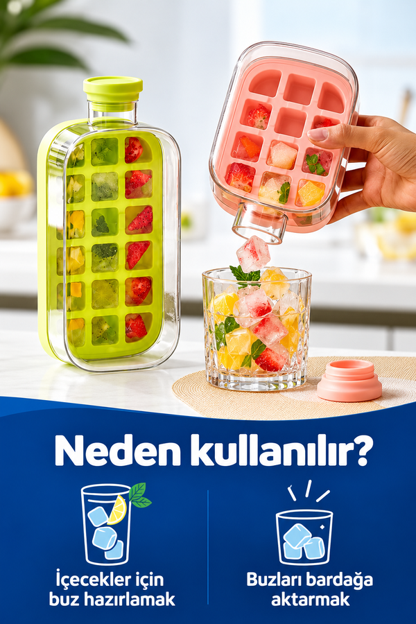 Mucit Home 1000 ML Buz Kalıbı Pipetli Matara Soğuk İçecek Şişesi Buzluklu Suluk