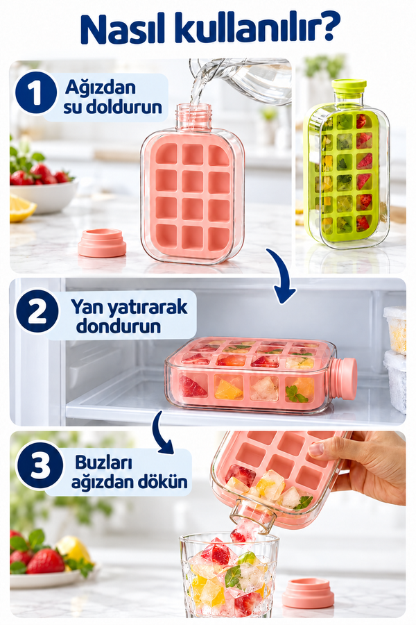 Mucit Home 1000 ML Buz Kalıbı Pipetli Matara Soğuk İçecek Şişesi Buzluklu Suluk