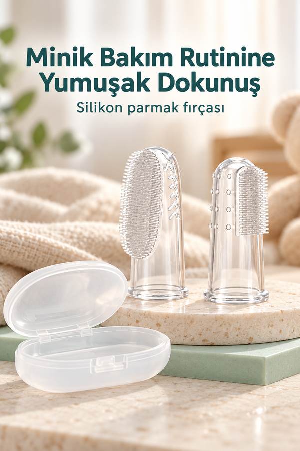 Mucit Home Slikon Parmak Bebek Diş Kaşıyıcı ve Şeffaf Renk Yumuşak Fırça Kutulu Erkek ve Kız Çocuk