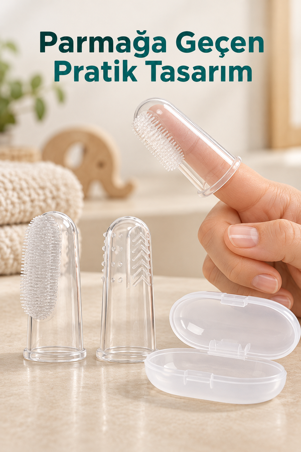 Mucit Home Slikon Parmak Bebek Diş Kaşıyıcı ve Şeffaf Renk Yumuşak Fırça Kutulu Erkek ve Kız Çocuk