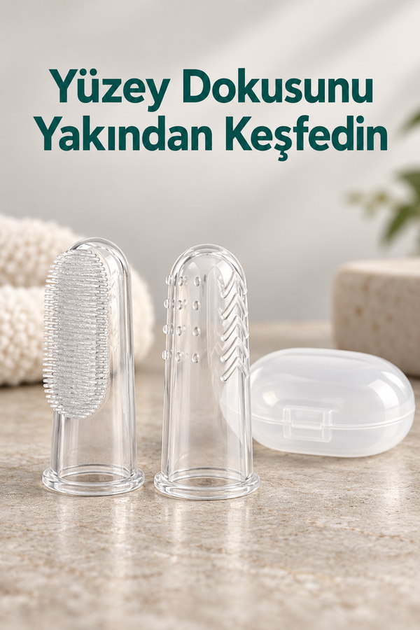 Mucit Home Slikon Parmak Bebek Diş Kaşıyıcı ve Şeffaf Renk Yumuşak Fırça Kutulu Erkek ve Kız Çocuk