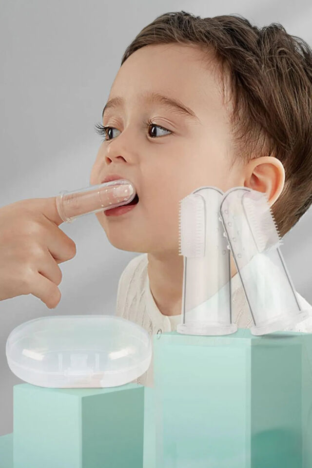 Mucit Home Slikon Parmak Bebek Diş Kaşıyıcı ve Şeffaf Renk Yumuşak Fırça Kutulu Erkek ve Kız Çocuk