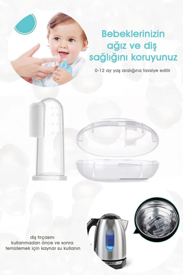 Mucit Home Slikon Parmak Bebek Diş Kaşıyıcı ve Şeffaf Renk Yumuşak Fırça Kutulu Erkek ve Kız Çocuk