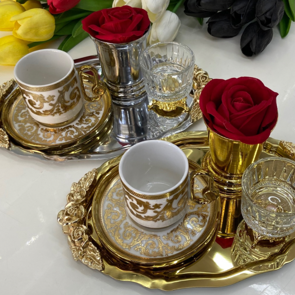 Mucit Home  BÜYÜK OVAL KULPLU SUNUM TEPSİ GOLD VE GÜMÜŞ 22*32 CM  2 ADET KOD/06/07