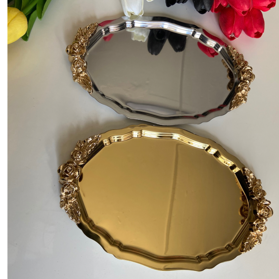 Mucit Home  BÜYÜK OVAL KULPLU SUNUM TEPSİ GOLD VE GÜMÜŞ 22*32 CM  2 ADET KOD/06/07