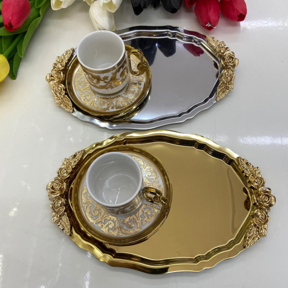Mucit Home  BÜYÜK OVAL KULPLU SUNUM TEPSİ GOLD VE GÜMÜŞ 22*32 CM  2 ADET KOD/06/07