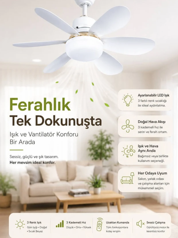 Mucit Home Kanatlı Tavan Vantilatörü Sessiz Çalışan Led Işıklı Uzaktan Kumandalı Lamba Işıklı Pervane