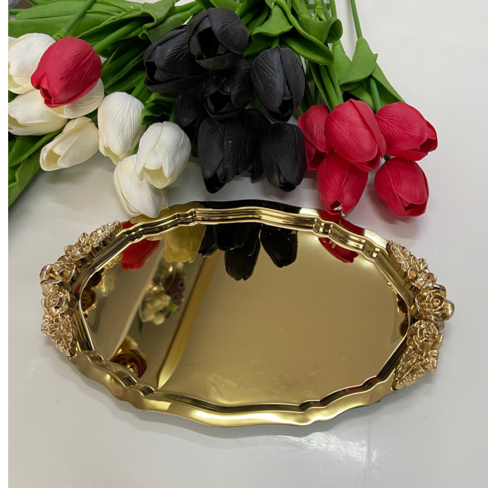 Mucit Home  KÜÇÜK OVAL GOLD MODEL 1 ADET KULPLU SUNUM TEPSİSİ