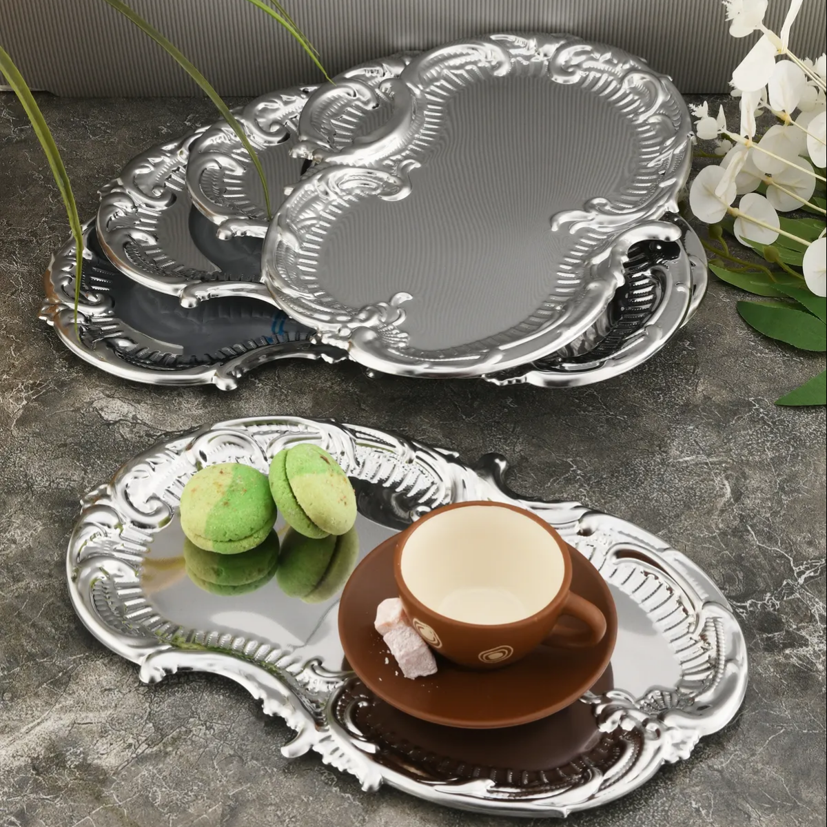 Mucit Home  Bulut Metal Tepsi  Kahve Sunum  Paslanmaz  sunum tepsi  Dantel Model   Tepsi 6 Adet
