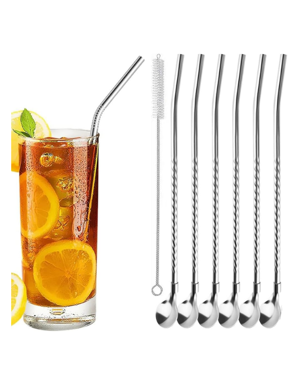 Mucit Home Kaşıklı Milkshake Pipeti Gümüş Paslanmaz Çelik 6'Lı Pipet Seti+ 1 Adet Temizleme Fırçası
