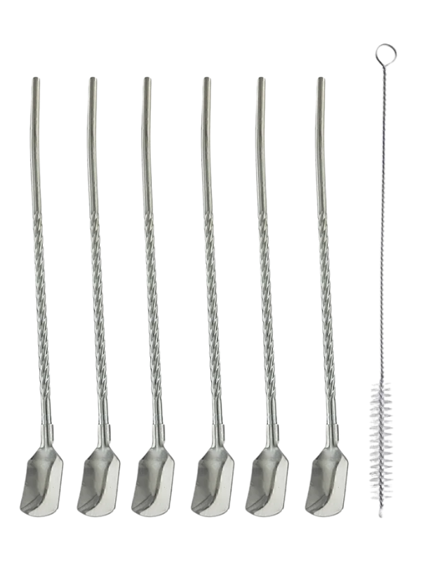 Mucit Home Kaşıklı Milkshake Pipeti Gümüş Paslanmaz Çelik 6'Lı Pipet Seti+ 1 Adet Temizleme Fırçası