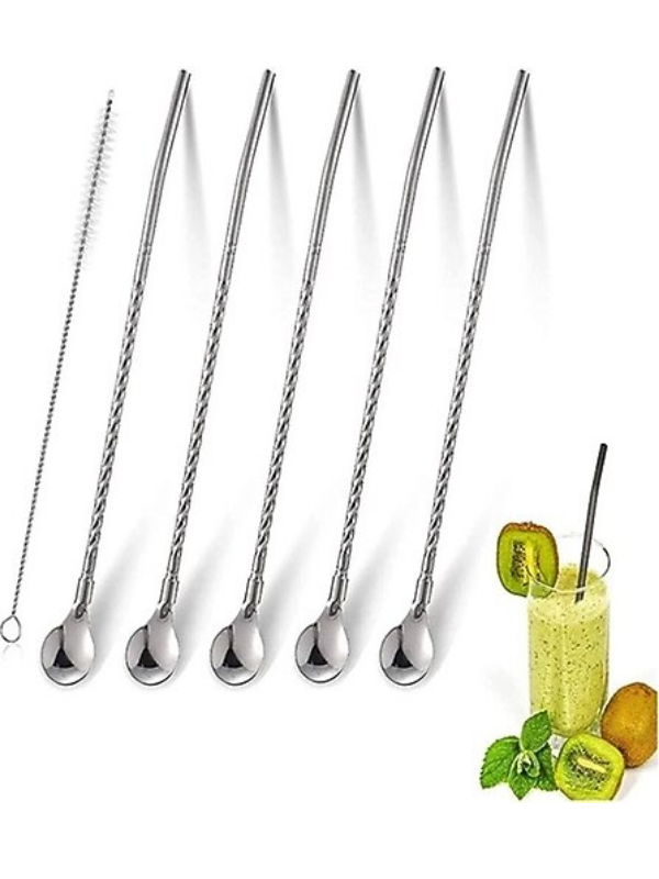 Mucit Home Kaşıklı Milkshake Pipeti Gümüş Paslanmaz Çelik 6'Lı Pipet Seti+ 1 Adet Temizleme Fırçası