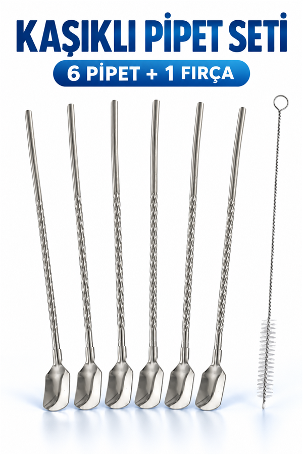 Mucit Home Kaşıklı Milkshake Pipeti Gümüş Paslanmaz Çelik 6'Lı Pipet Seti+ 1 Adet Temizleme Fırçası