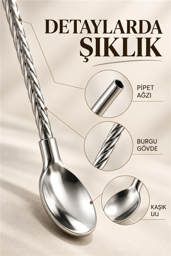 Mucit Home Kaşıklı Milkshake Pipeti Gümüş Paslanmaz Çelik 6'Lı Pipet Seti+ 1 Adet Temizleme Fırçası