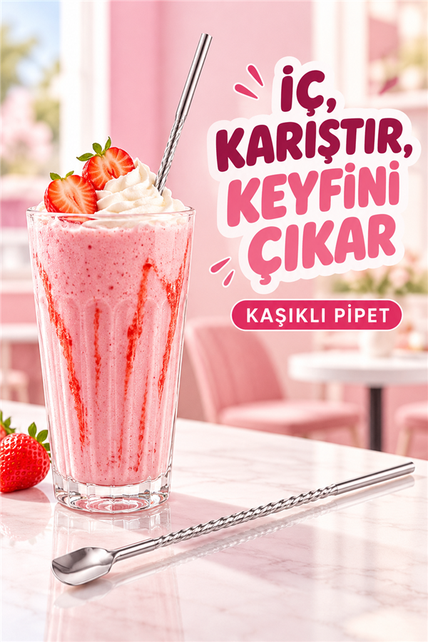 Mucit Home Kaşıklı Milkshake Pipeti Gümüş Paslanmaz Çelik 6'Lı Pipet Seti+ 1 Adet Temizleme Fırçası