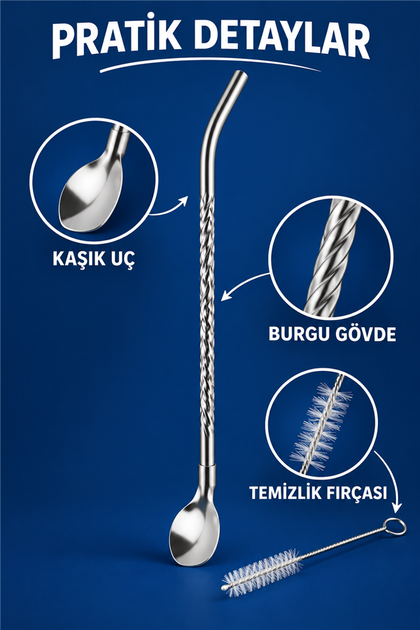 Mucit Home Kaşıklı Milkshake Pipeti Gümüş Paslanmaz Çelik 6'Lı Pipet Seti+ 1 Adet Temizleme Fırçası