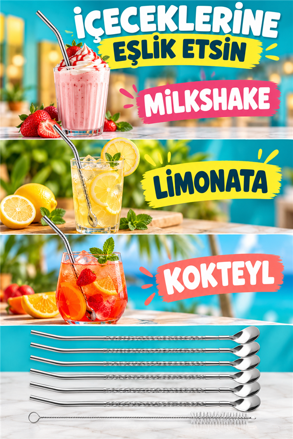Mucit Home Kaşıklı Milkshake Pipeti Gümüş Paslanmaz Çelik 6'Lı Pipet Seti+ 1 Adet Temizleme Fırçası