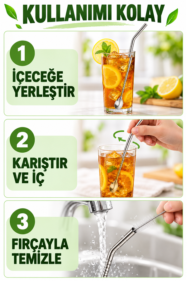 Mucit Home Kaşıklı Milkshake Pipeti Gümüş Paslanmaz Çelik 6'Lı Pipet Seti+ 1 Adet Temizleme Fırçası