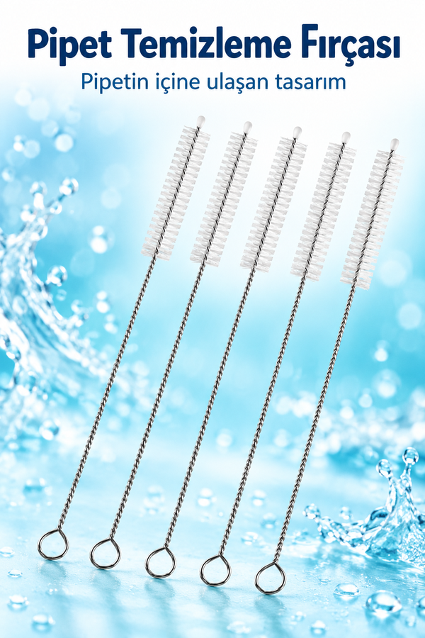 Mucit Home 5 ADET Pipet Temizleme Fırçası - Cam Pipet Fırçası - Bambu Pipet Fırçası - Metal Pipet Fırçası