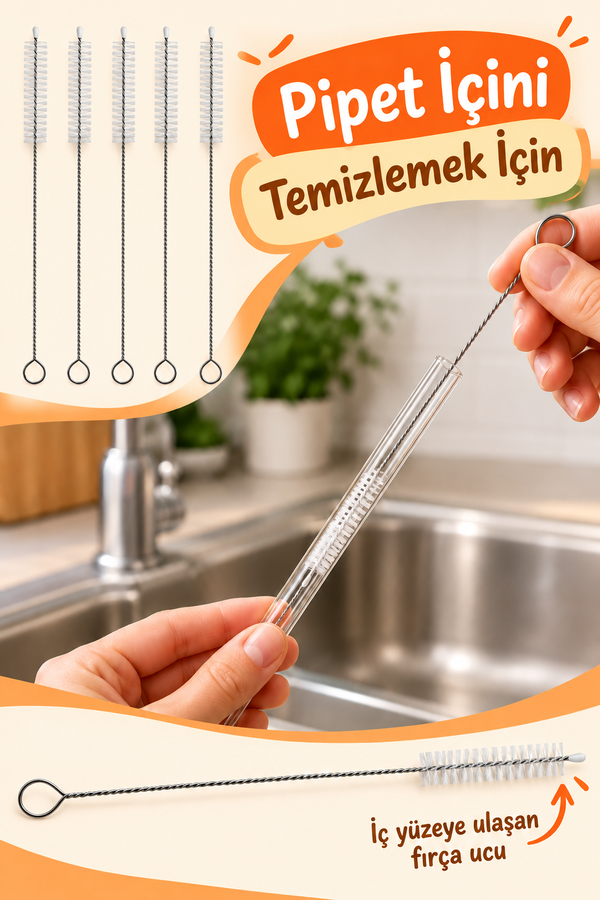 Mucit Home 5 ADET Pipet Temizleme Fırçası - Cam Pipet Fırçası - Bambu Pipet Fırçası - Metal Pipet Fırçası
