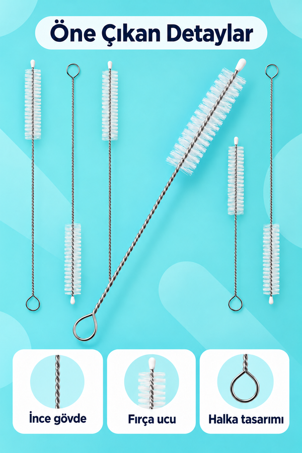 Mucit Home 5 ADET Pipet Temizleme Fırçası - Cam Pipet Fırçası - Bambu Pipet Fırçası - Metal Pipet Fırçası