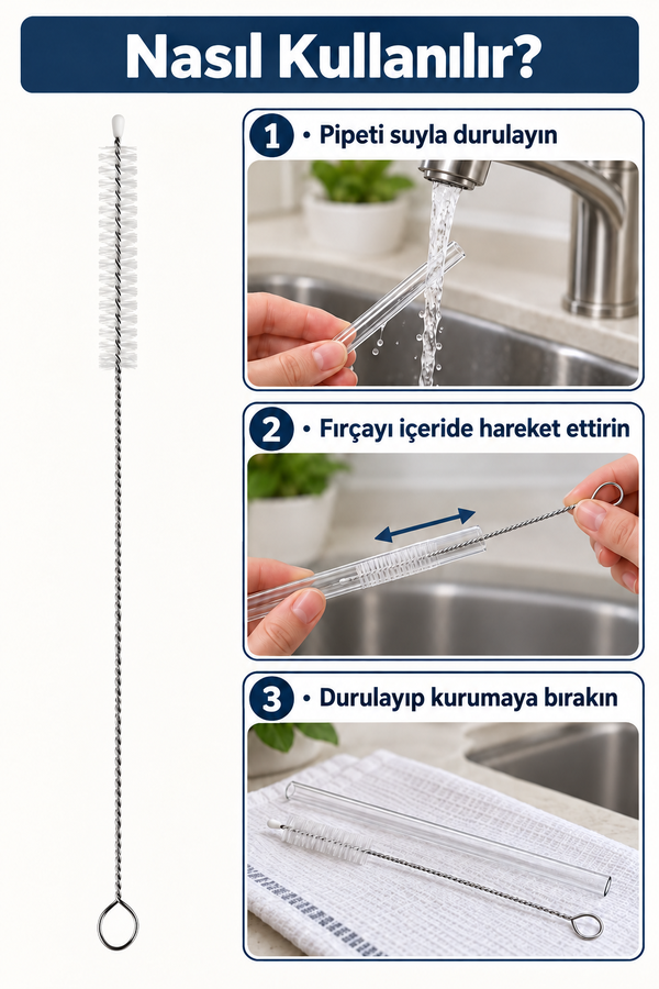 Mucit Home 5 ADET Pipet Temizleme Fırçası - Cam Pipet Fırçası - Bambu Pipet Fırçası - Metal Pipet Fırçası