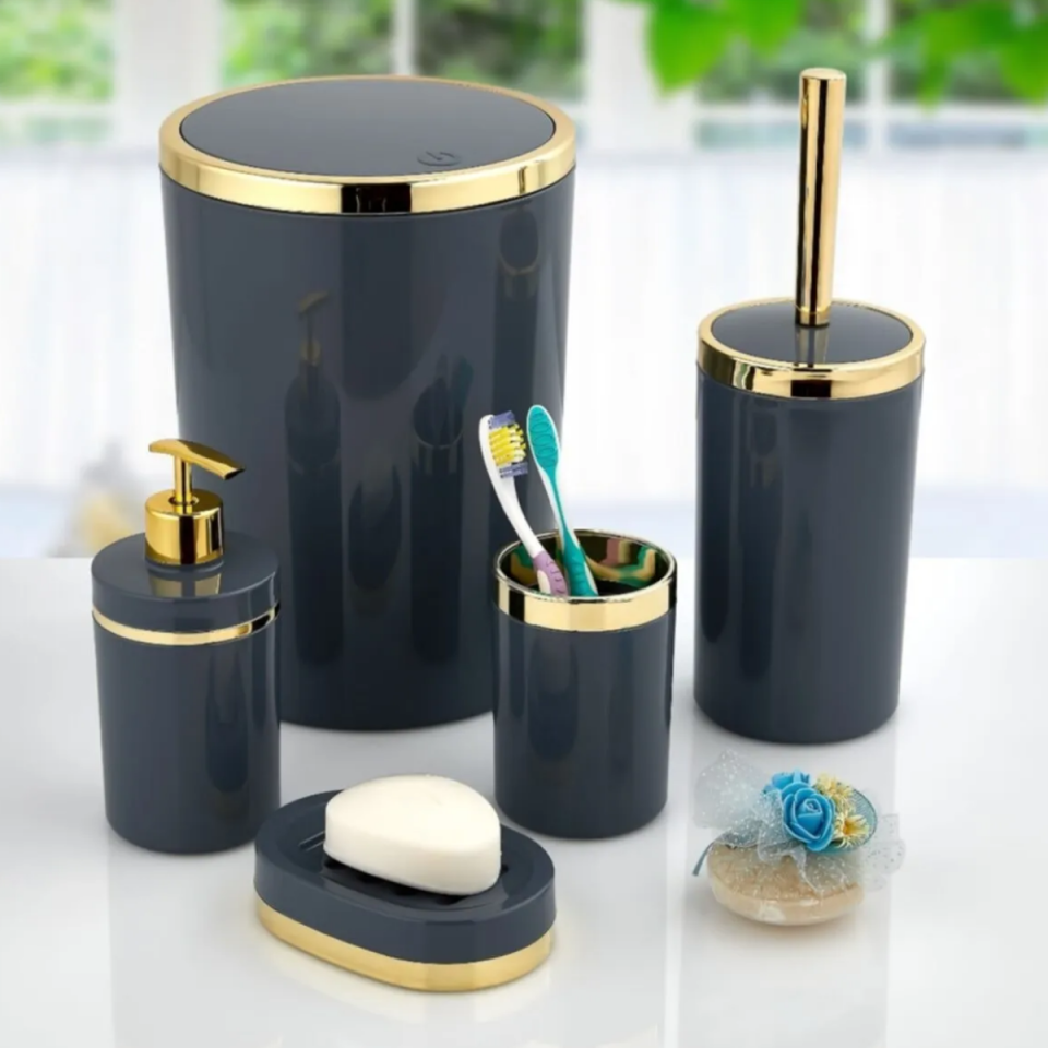 Mucit Home  Akrilik 5 Parça Banyo Seti Yuvarlak Parlak Siyah Gold  21 SYH A