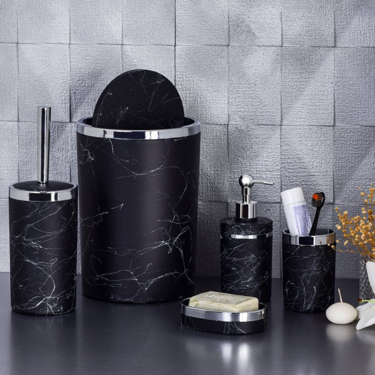 Mucit Home  5 Parça Siyah Mermer Granit Desenli Yuvarlak Akrilik Banyo Seti (22-SYH-G)