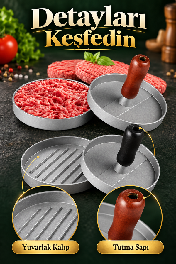 Mucit Home Paslanmaz Çelik Hamburger Köfte Yapma Pres Aparatı Çelik Burger Köfte Kalıbı
