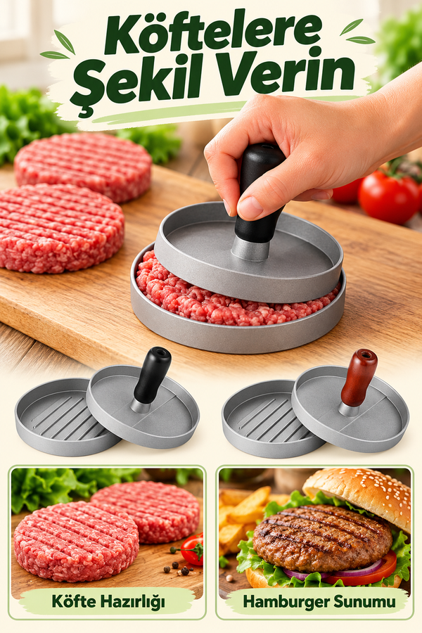 Mucit Home Paslanmaz Çelik Hamburger Köfte Yapma Pres Aparatı Çelik Burger Köfte Kalıbı