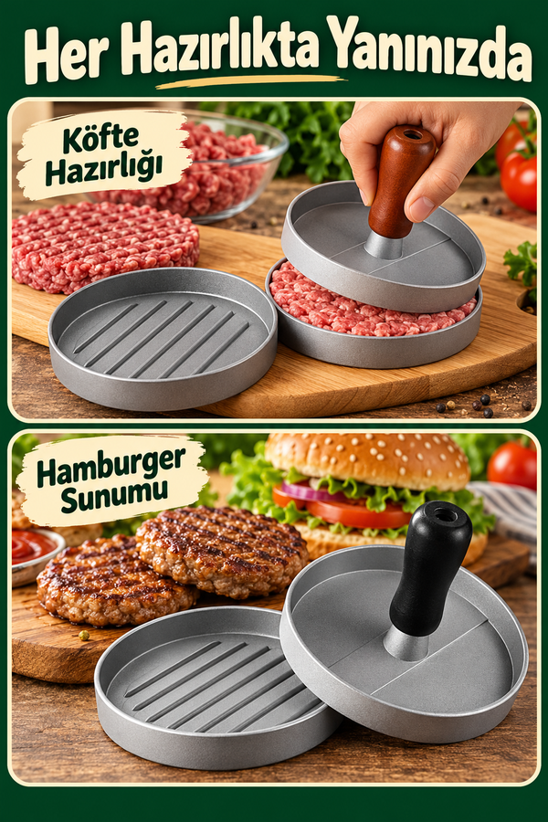 Mucit Home Paslanmaz Çelik Hamburger Köfte Yapma Pres Aparatı Çelik Burger Köfte Kalıbı